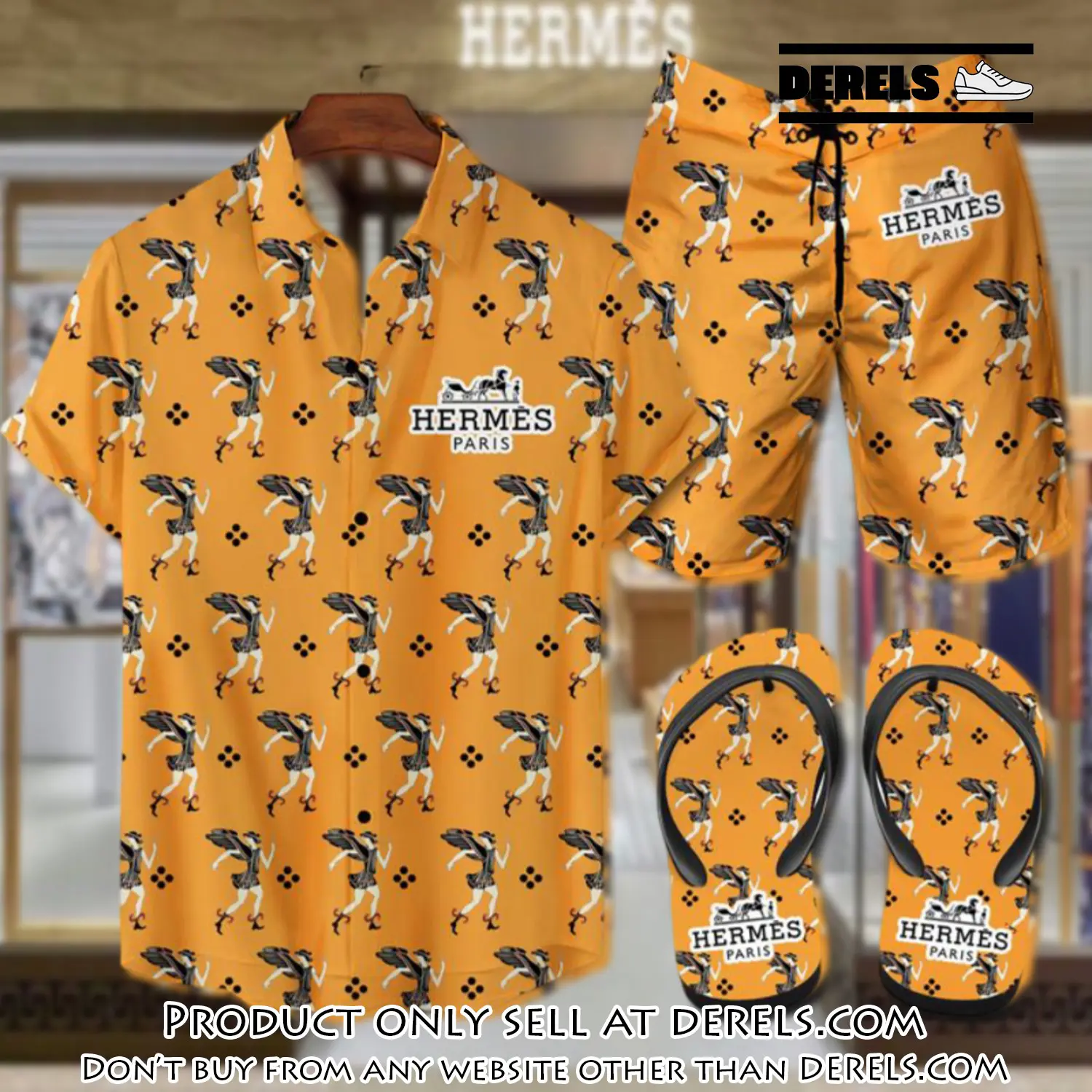 Hermes flip flops and combo hawaii shirt shorts luxury brand summer outfit hsf080 dr2518242